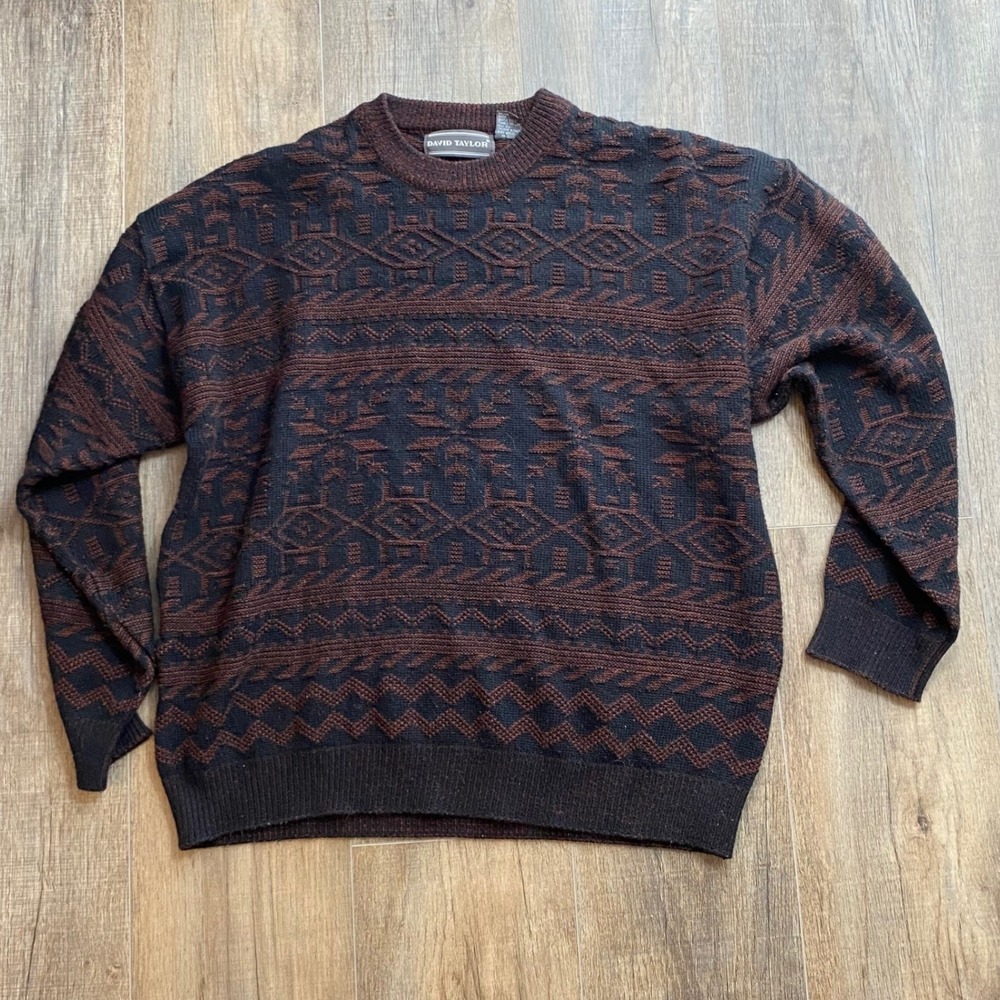 David Taylor Vintage Mens XL‎ Geometric Intarsia Knit Sweater Brown Black Korea